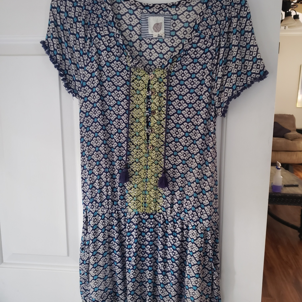 Anthropologie Blue and White Geometric Jumpsuit with Embroidered Detail